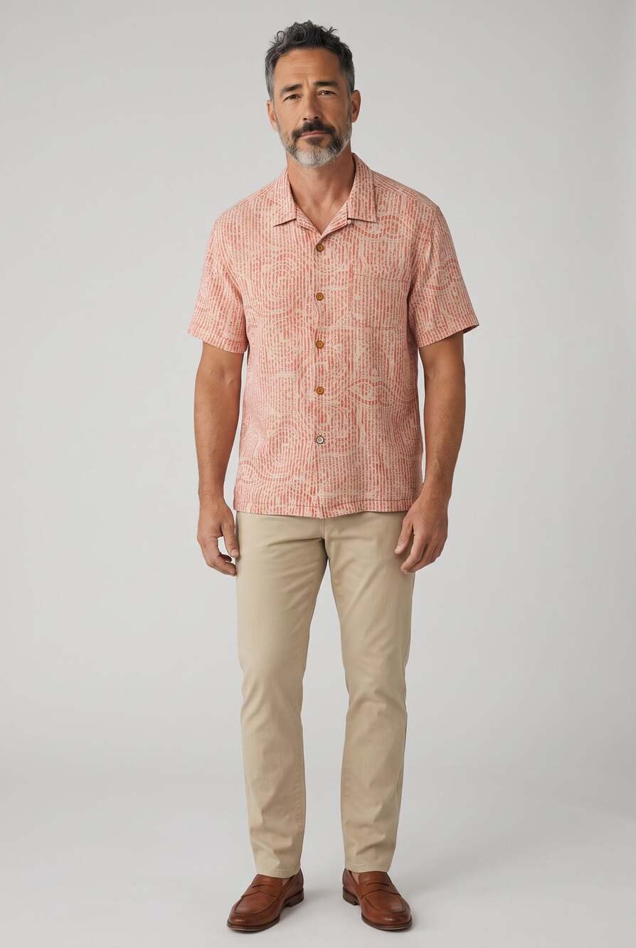 Tommy Bahama 100% Silk Short Sleeve Geo Print Button-Down Shirt Orange XL
